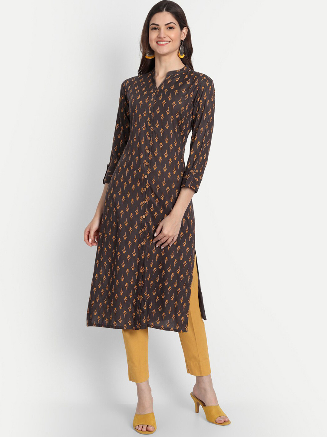 

fabGLOBAL Women Grey Ethnic Motifs Printed Kurta