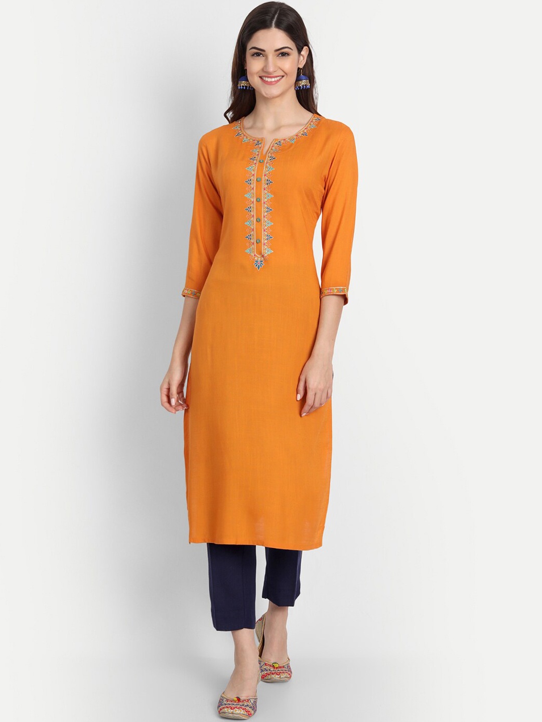 

fabGLOBAL Women Orange Solid Straight Kurta