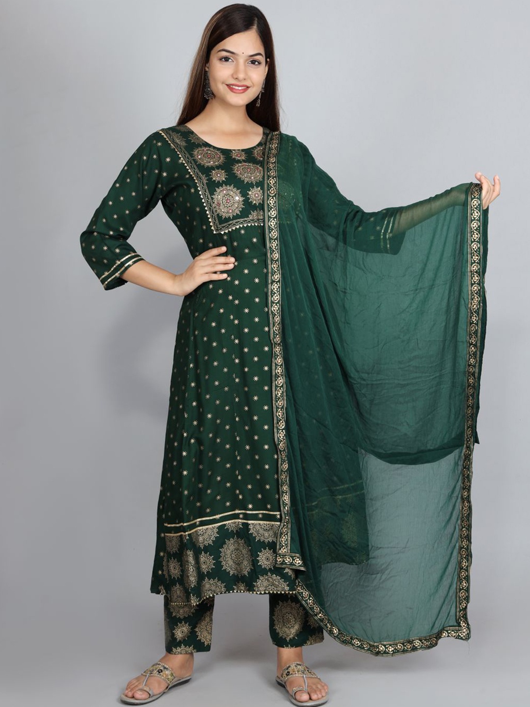 

Ziva Fashion Women Green Ethnic Motifs Print Kurta with Trousers & With Dupatta