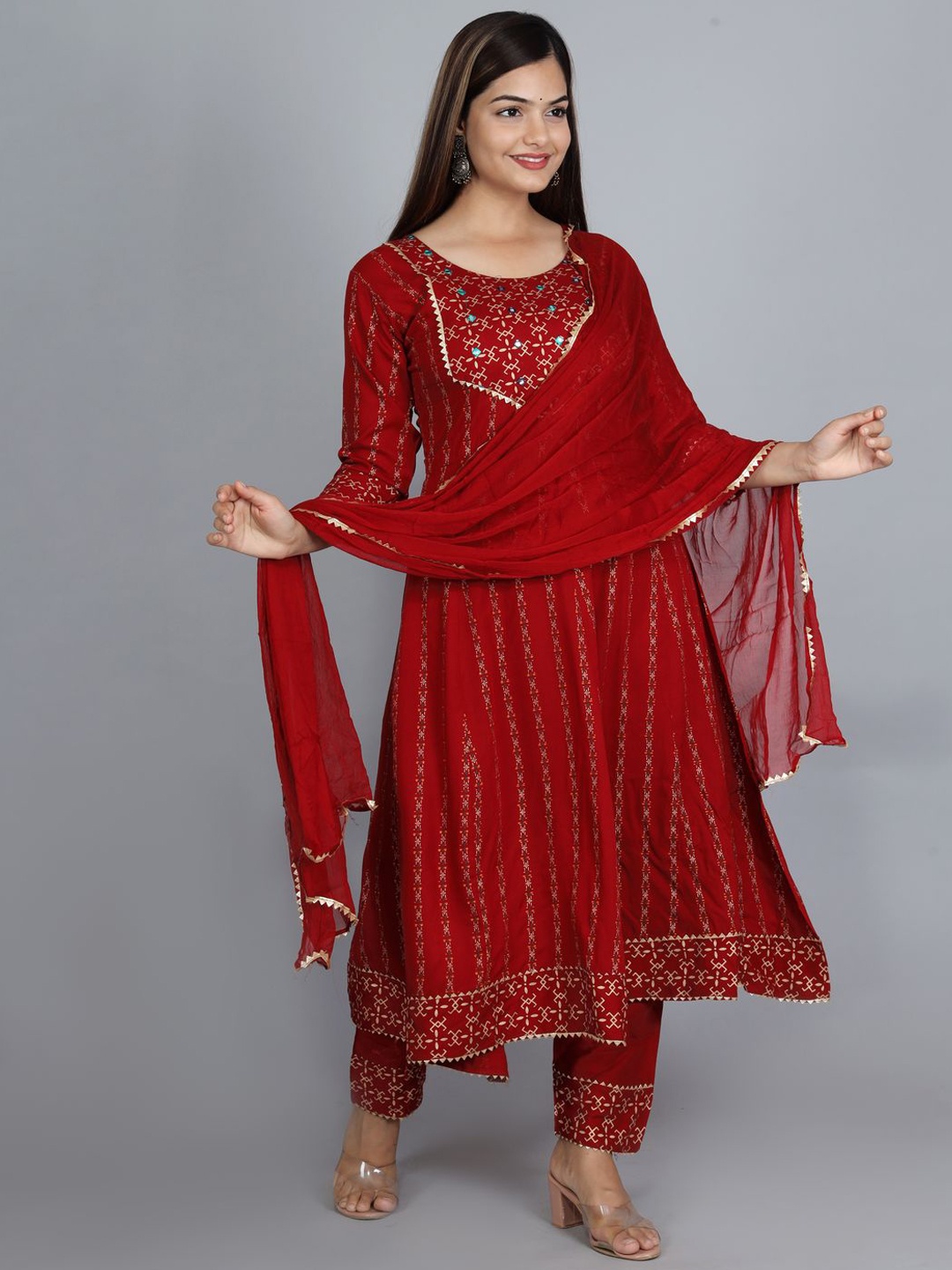 

Ziva Fashion Women Maroon Ethnic Motifs Empire Kurta with Trousers & With Dupatta