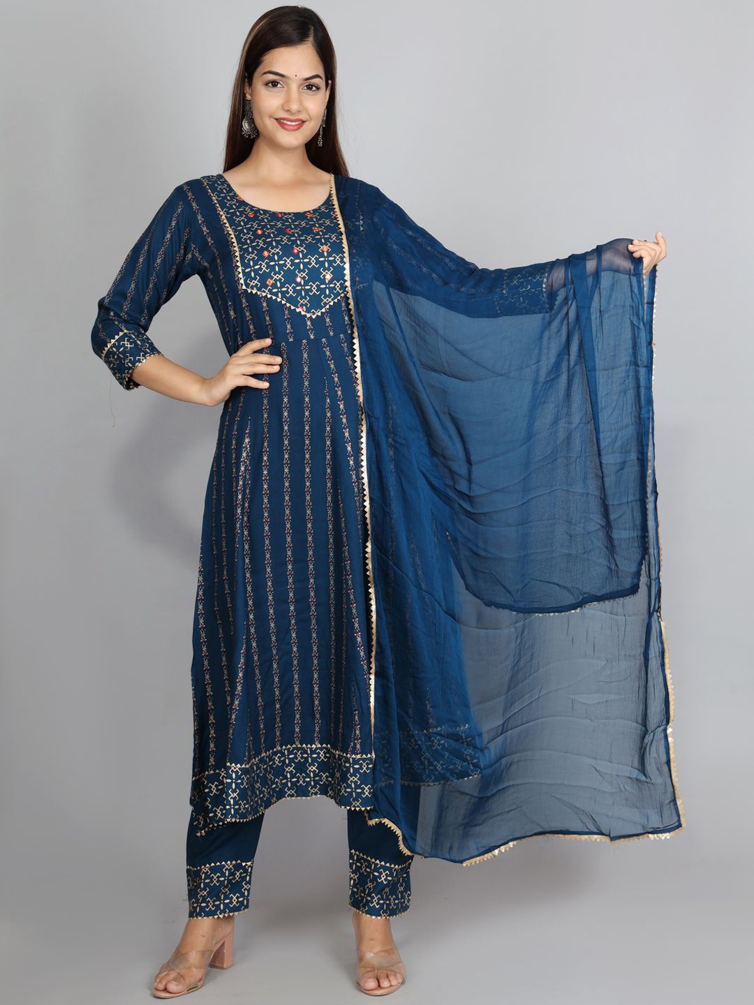

Ziva Fashion Women Blue Ethnic Motifs Yoke Design Kurta with Pant & With Dupatta