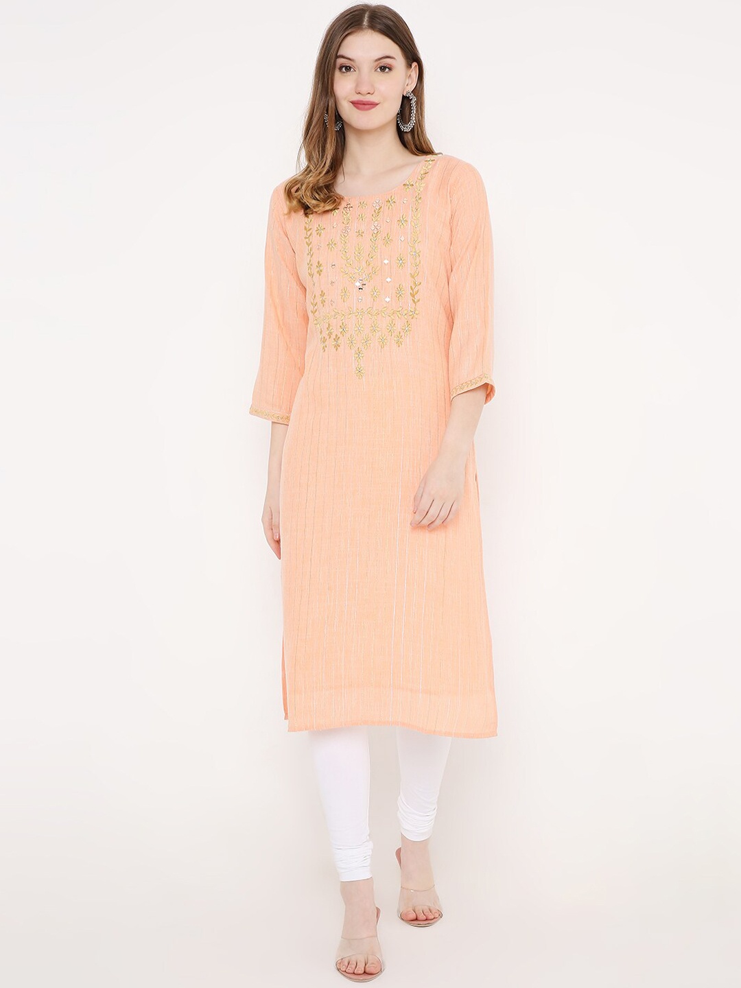 

Peppertree Women Peach-Coloured Yoke Design Thread Work Kurta
