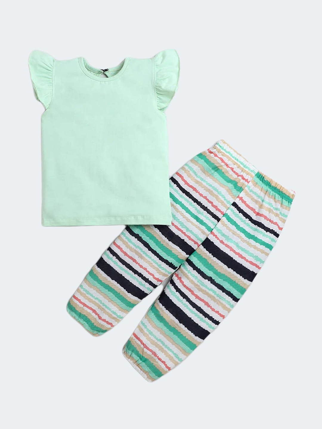 

The Magic Wand Girls Flutter Sleeves Pure Cotton Top With Trousers, Green