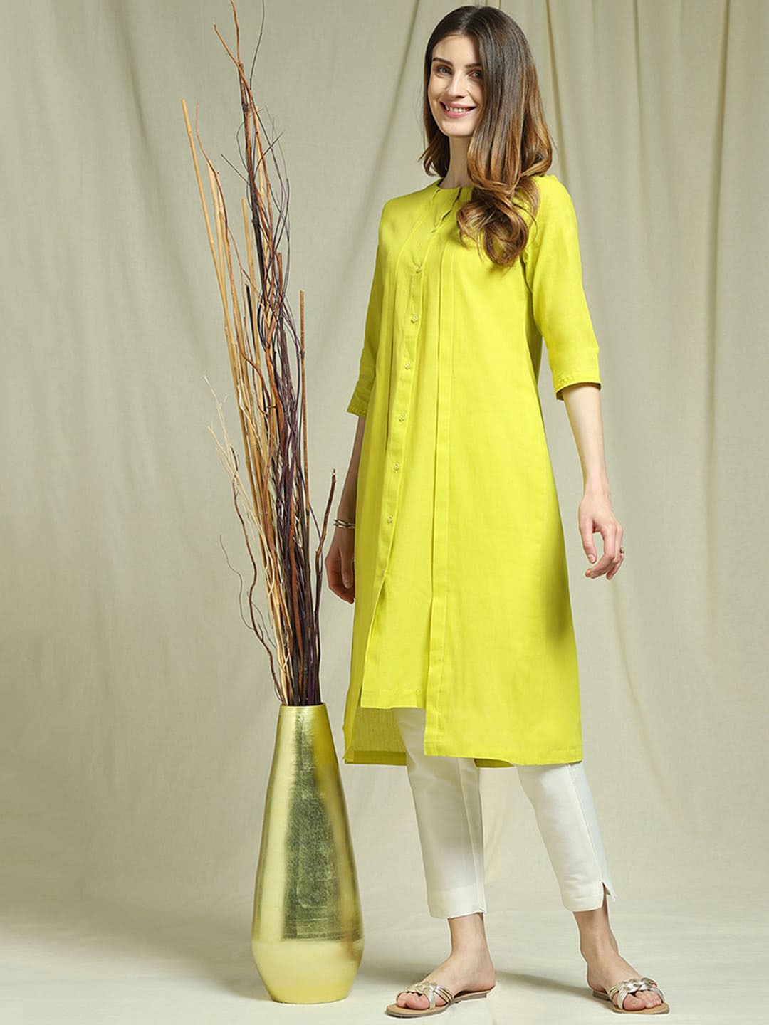 

Indifusion Women Yellow Layered Cotton Kurta