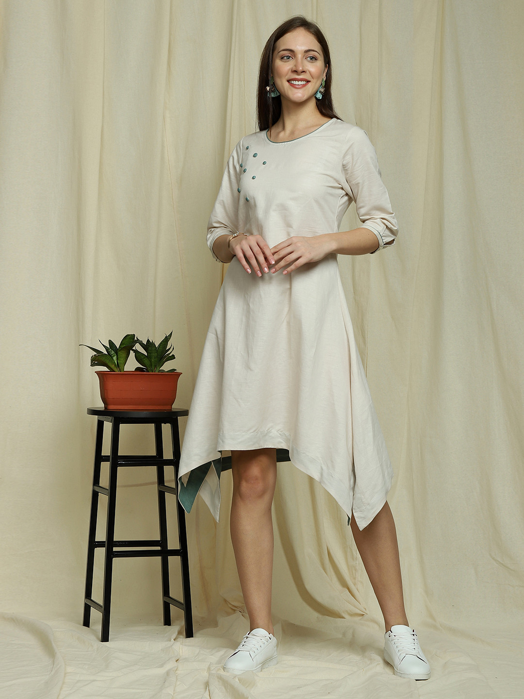 

Indifusion Cotton Round Neck A-Line Ethnic Dress, Off white