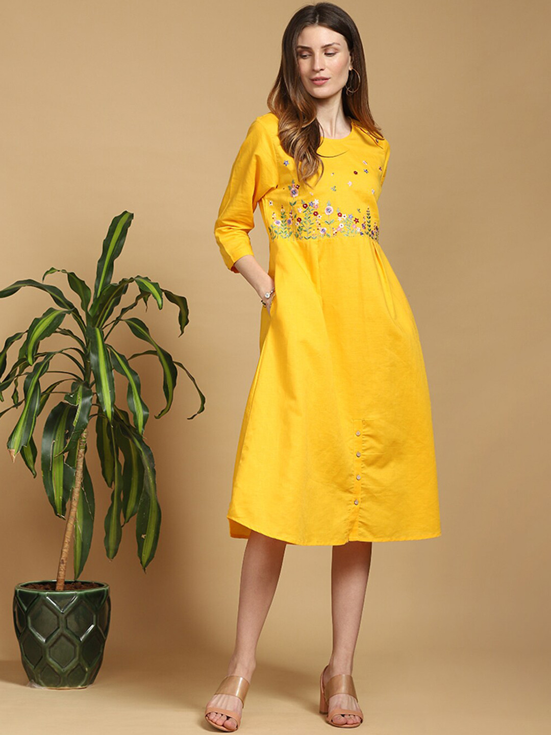 

Indifusion Cotton Floral Embroidered A-Line Dress, Yellow