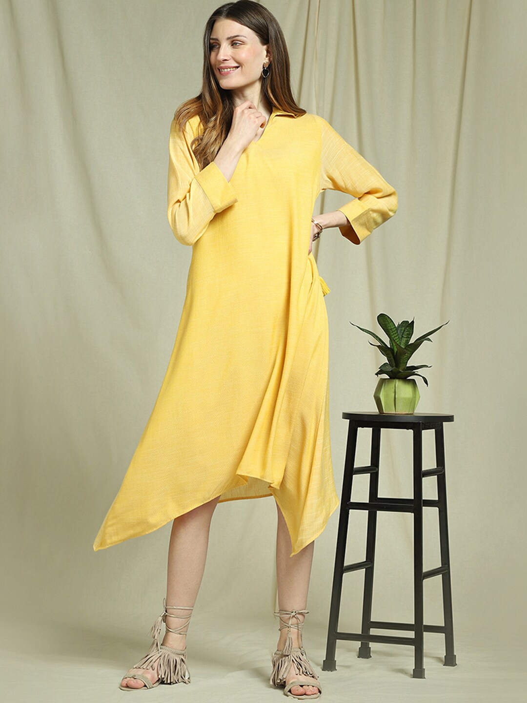 

Indifusion Women Solid Shirt Collar Dress, Yellow