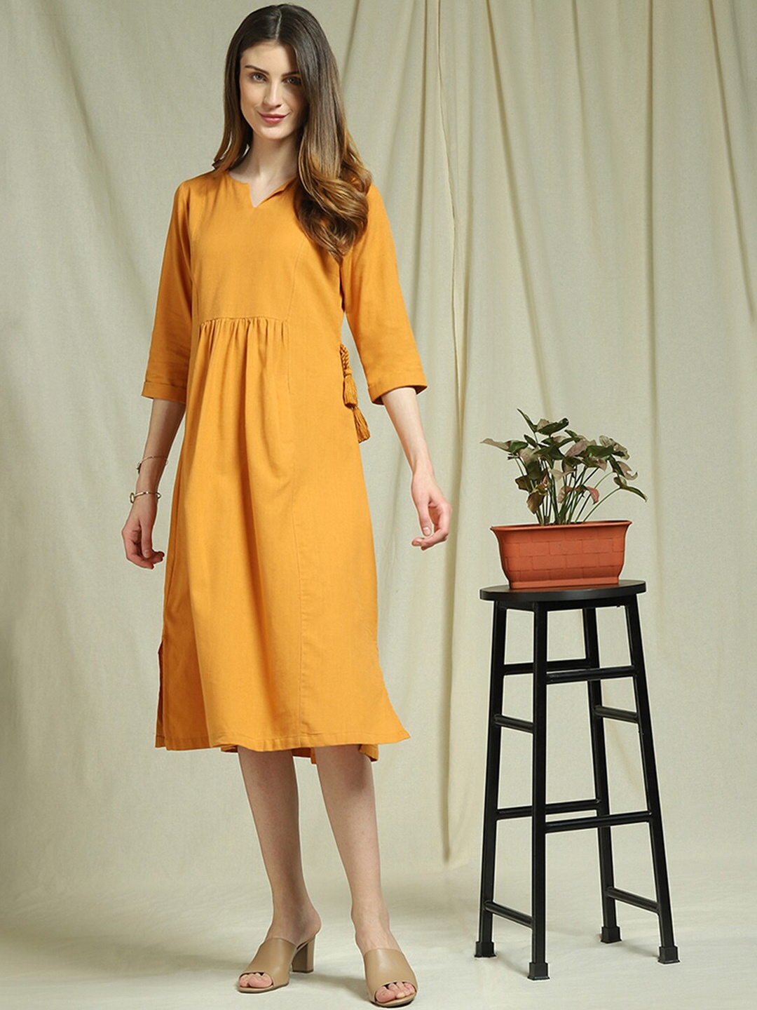 

Indifusion Yellow Solid A-Line Dress