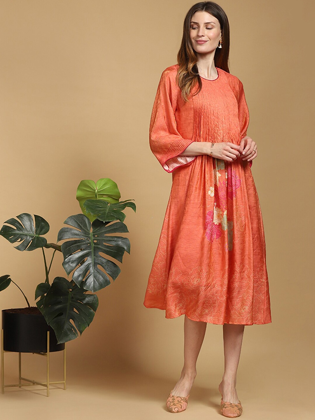 

Indifusion Orange Floral A-Line Dress