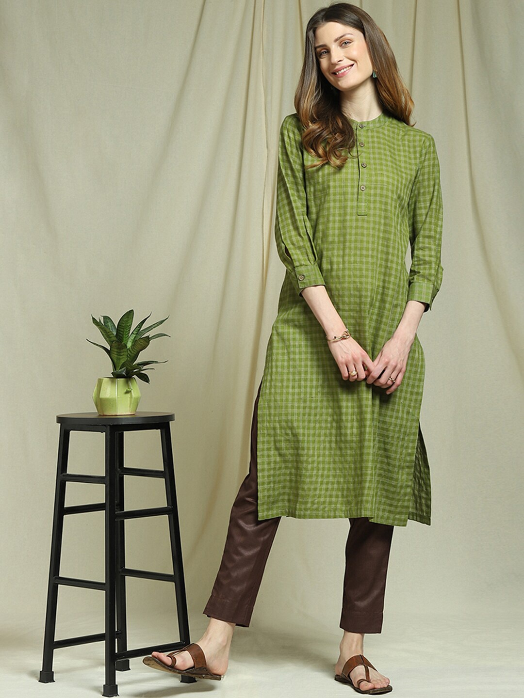 

Indifusion Women Green Checked Kurta