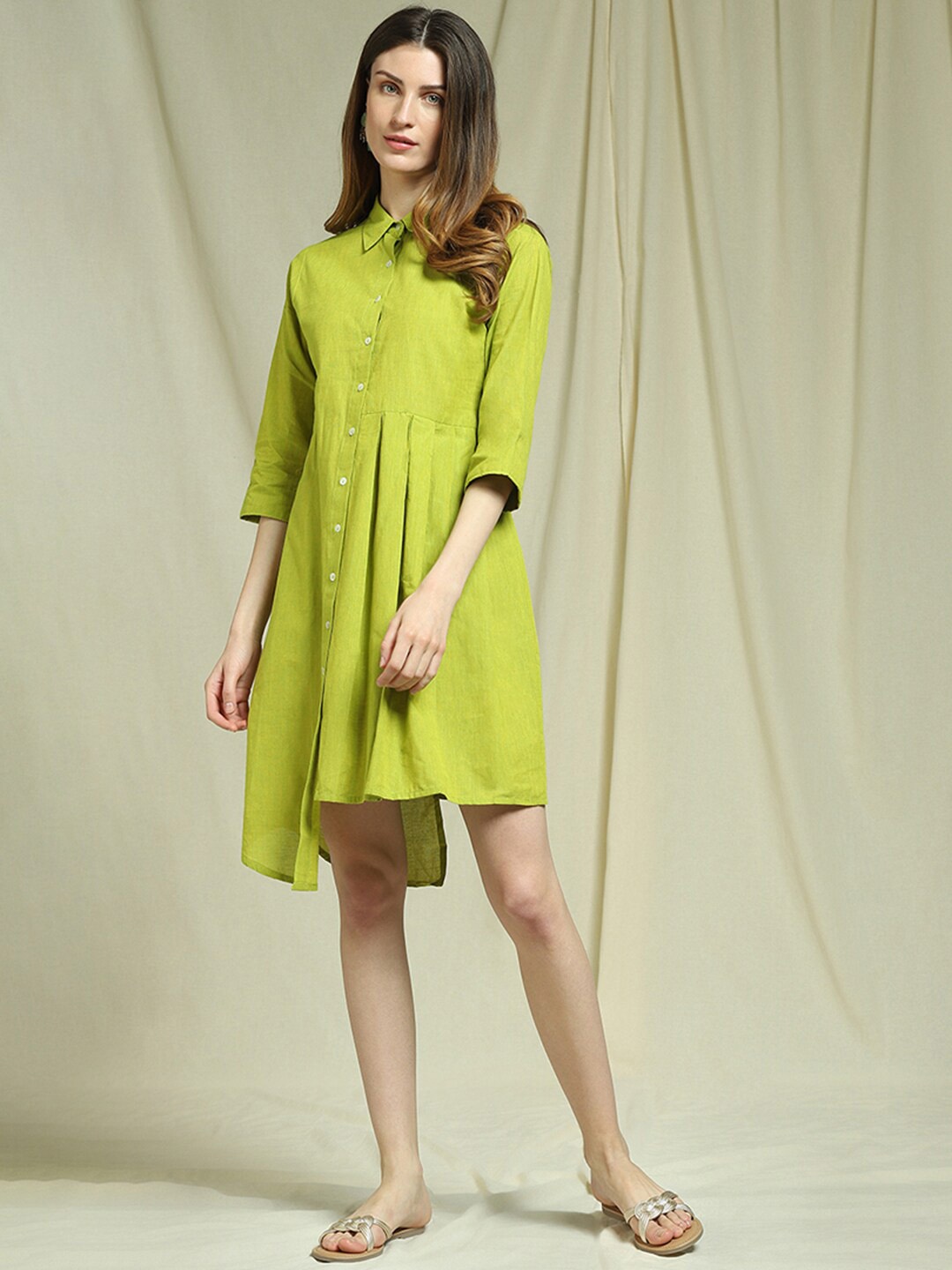 

Indifusion Women Solid Pleated Cotton Shirt Style Dress, Green