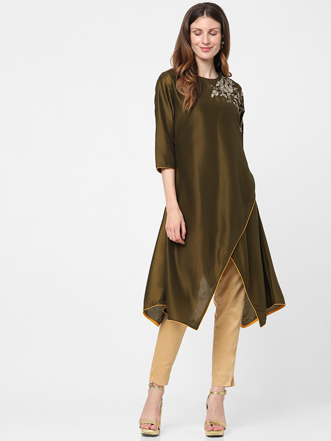 

Indifusion Women Olive Ethnic Motifs Embroidered Thread Work Kurta