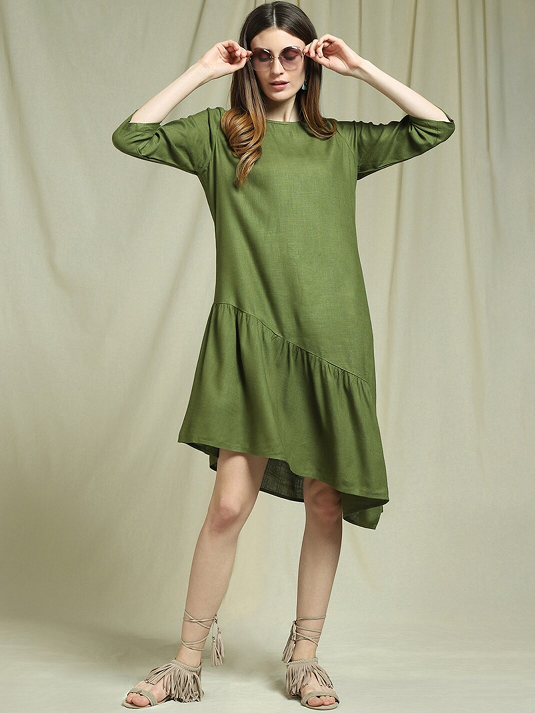 

Indifusion Round Neck A-Line Dress, Green