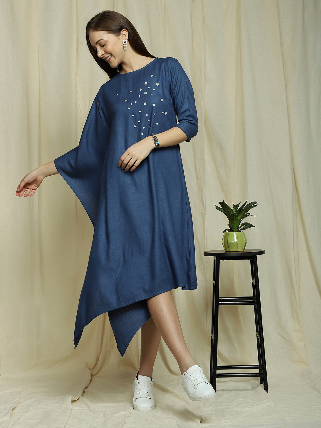 

Indifusion Button Detail Asymmetric Hem A-line Dress, Navy blue