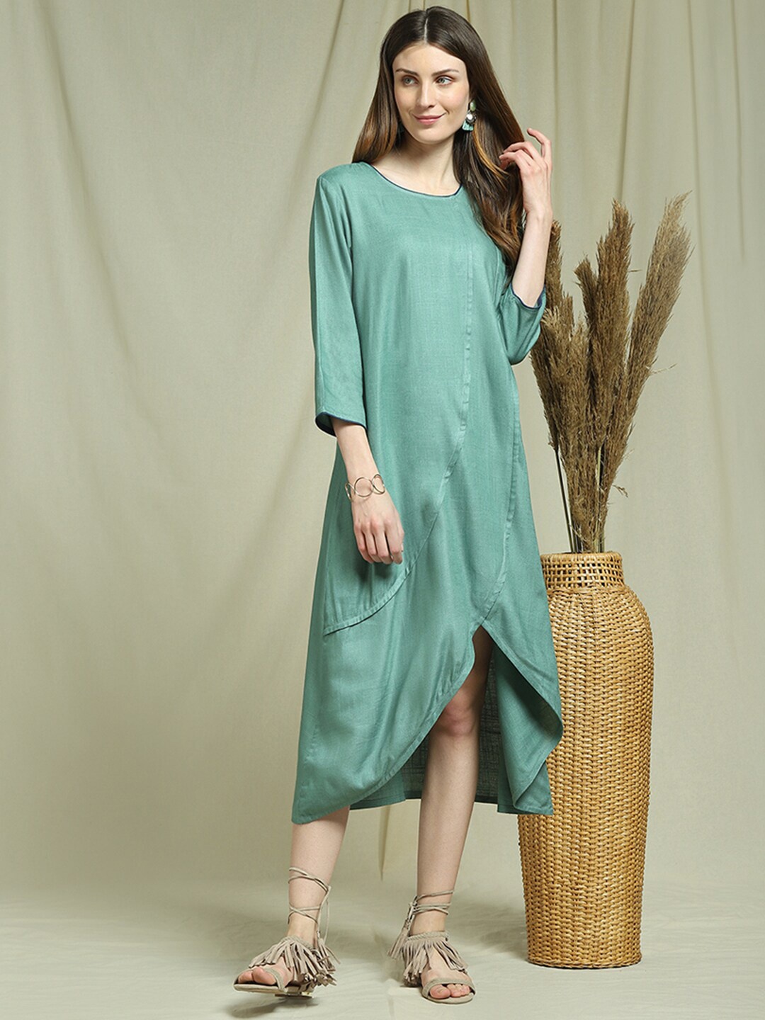 

Indifusion Women Solid Tulip Hem Midi A-Line Dress, Sea green