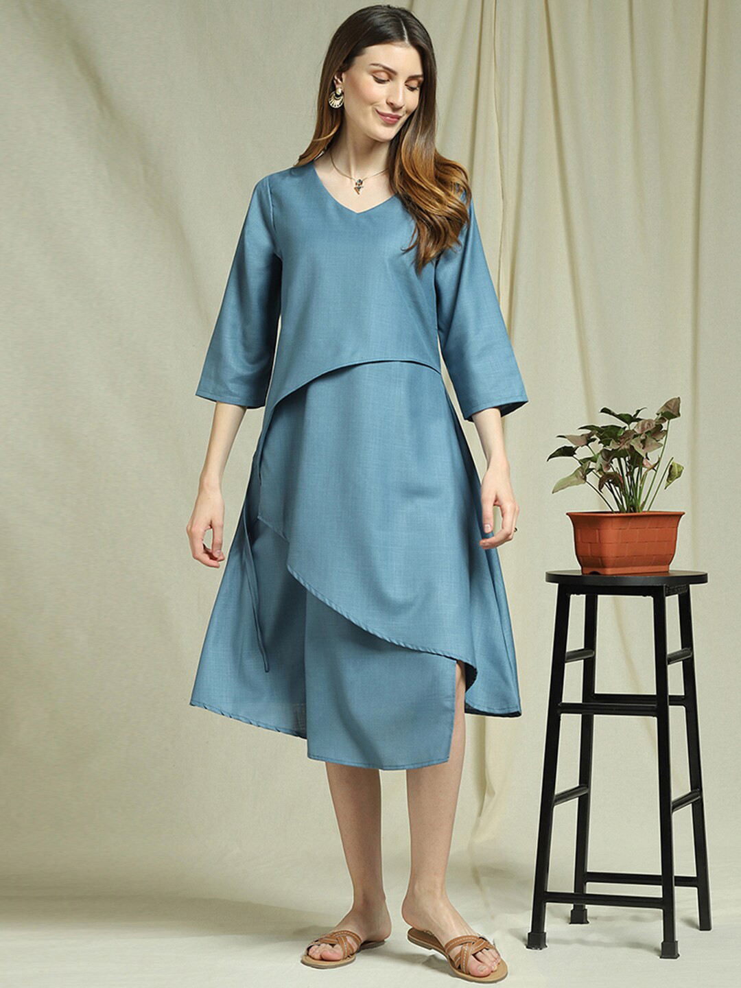 

Indifusion Solid Overlapping Detail A-Line Dress, Blue