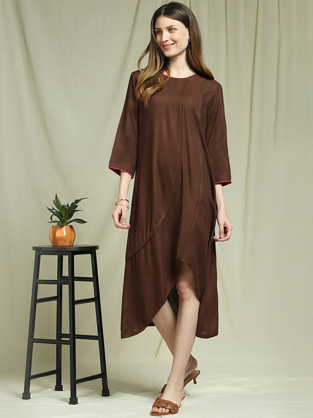 

Indifusion Round Neck Midi Dress, Brown