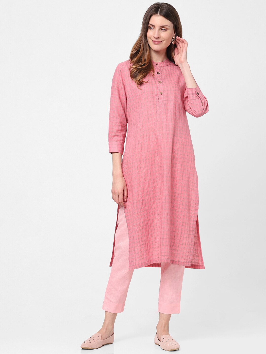 

Indifusion Women Orange Checked Kurta