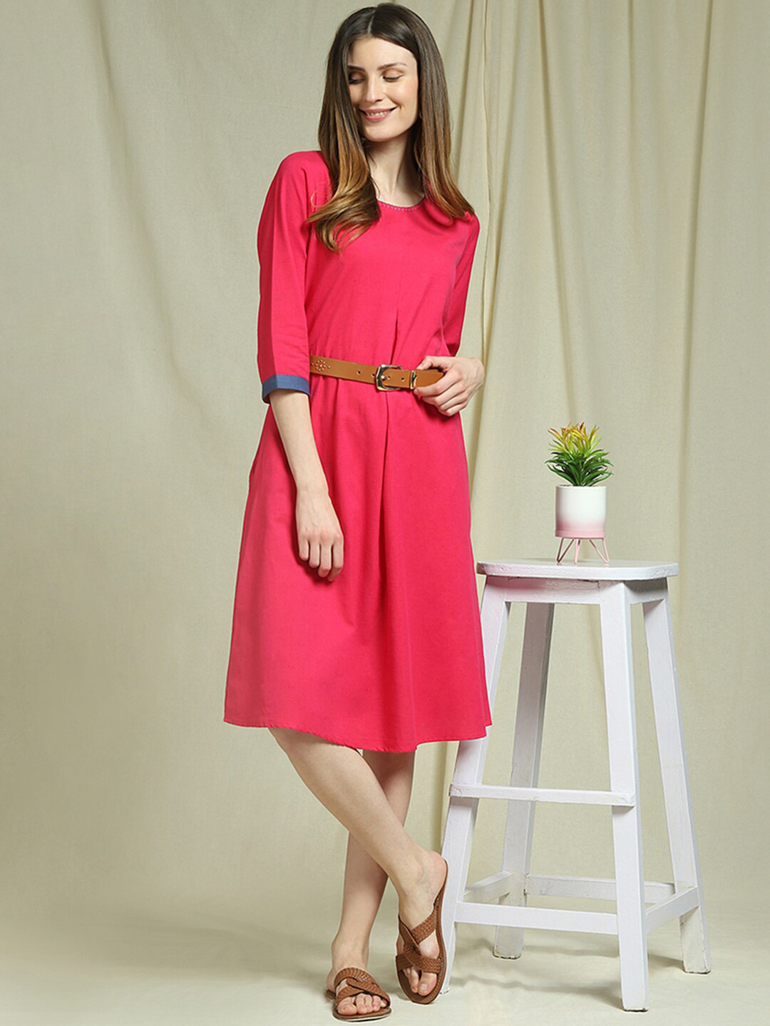 

Indifusion Women Solid Pleated Cotton A-line Dress, Magenta