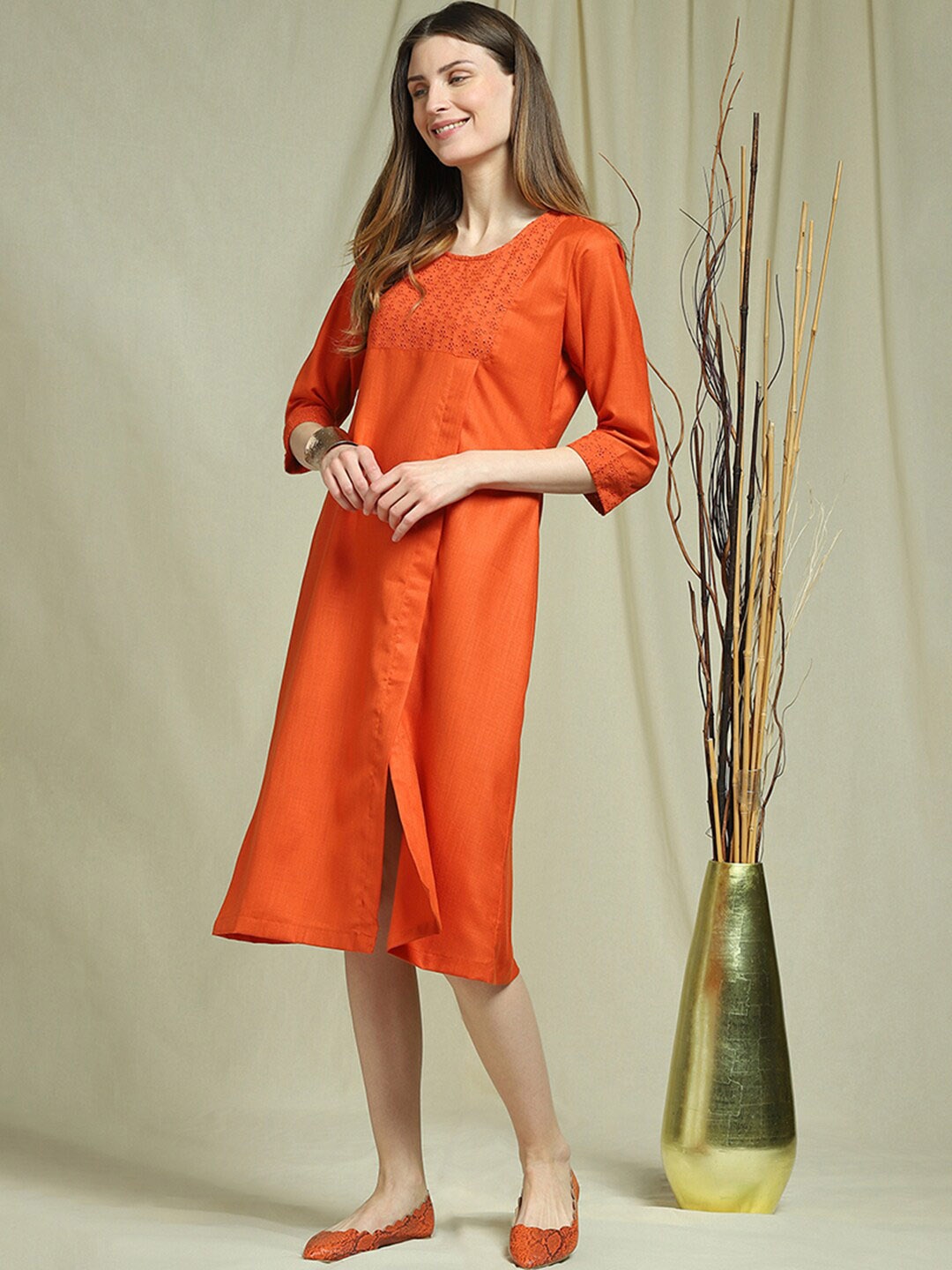 

Indifusion Orange Solid Schiffli A-Line Dress