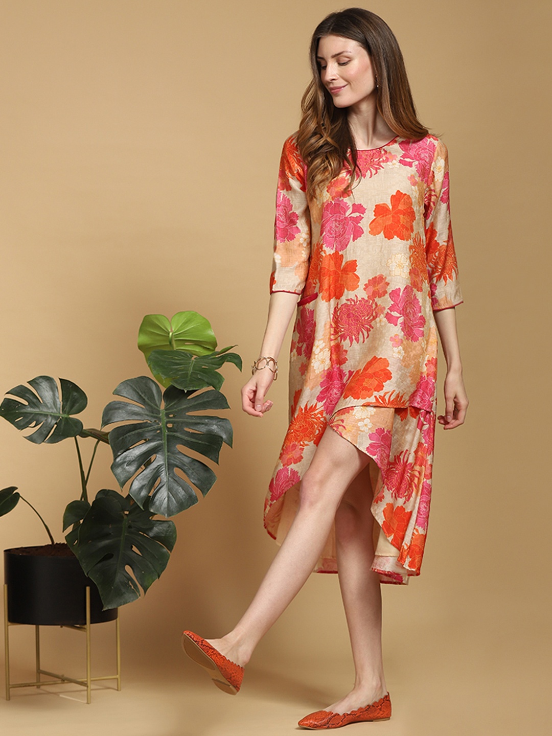 

Indifusion Women Floral Printed Overlapping Detail A-Line Dress with Pocket, Coral