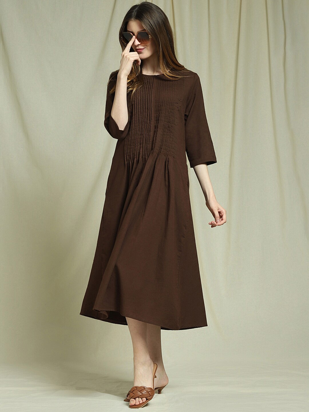 

Indifusion Women Solid Pleated A-line Dress, Brown