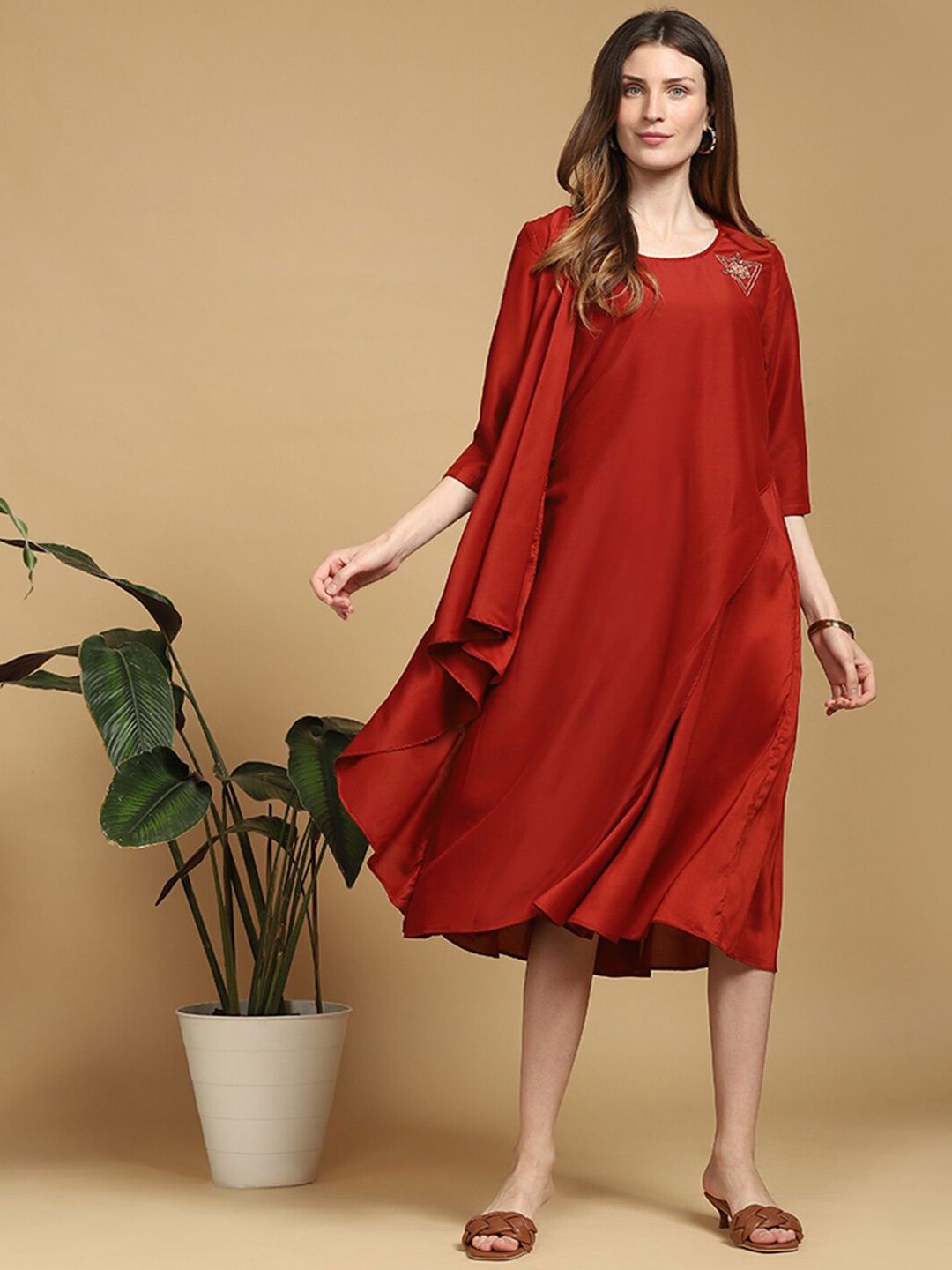 

Indifusion Women Solid Layered A-Line Ethnic Dress, Maroon