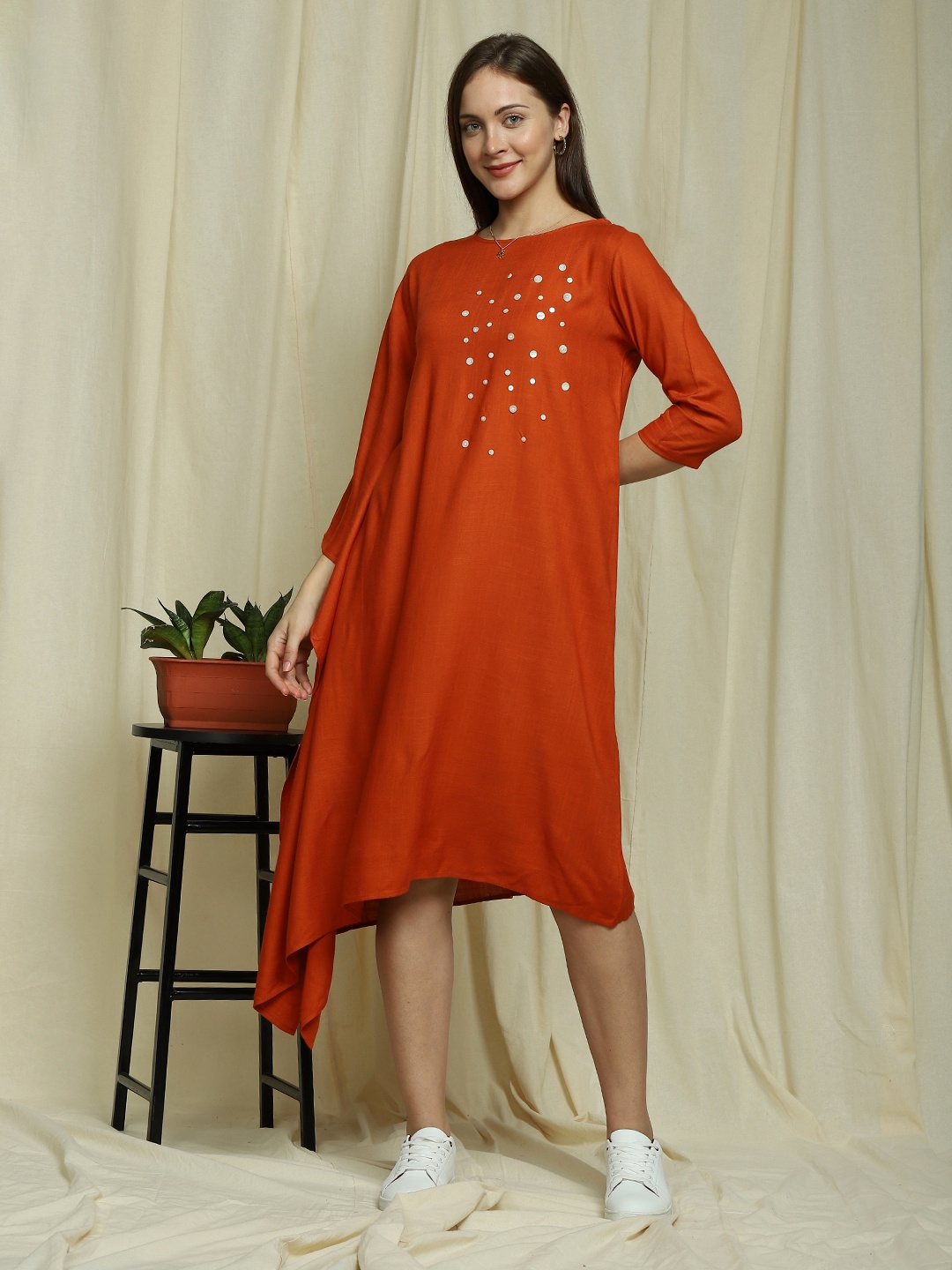 

Indifusion Women Embellished Asymmetric Sleeve A-Line Ethnic Dress, Orange
