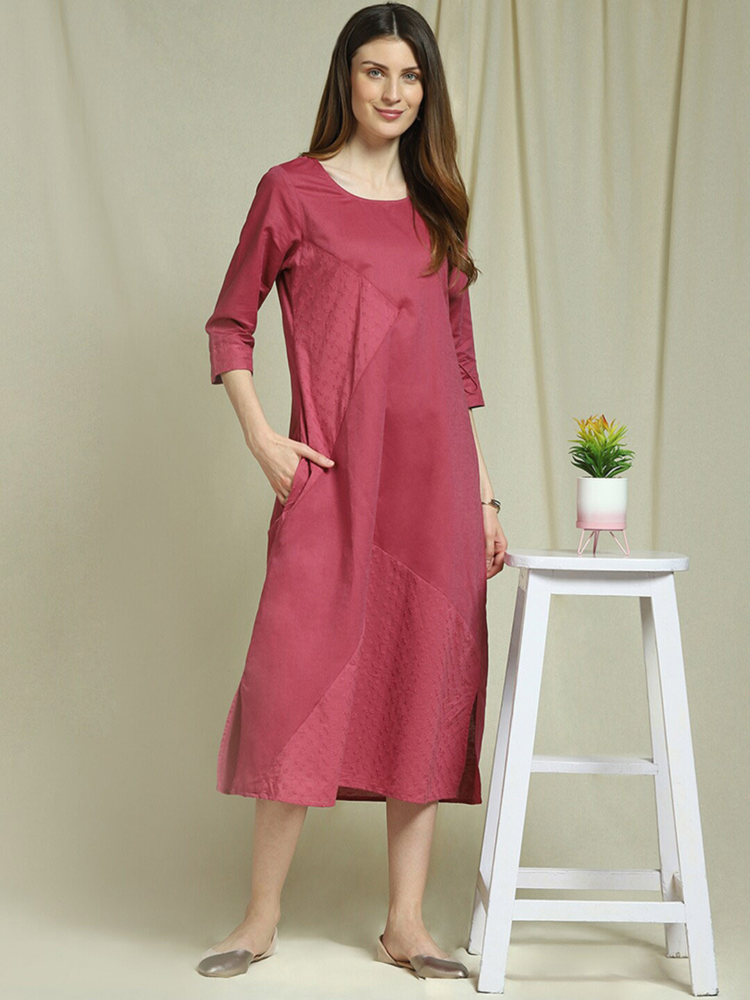 

Indifusion Women Embroidered Detail Pure Cotton Dresses, Magenta