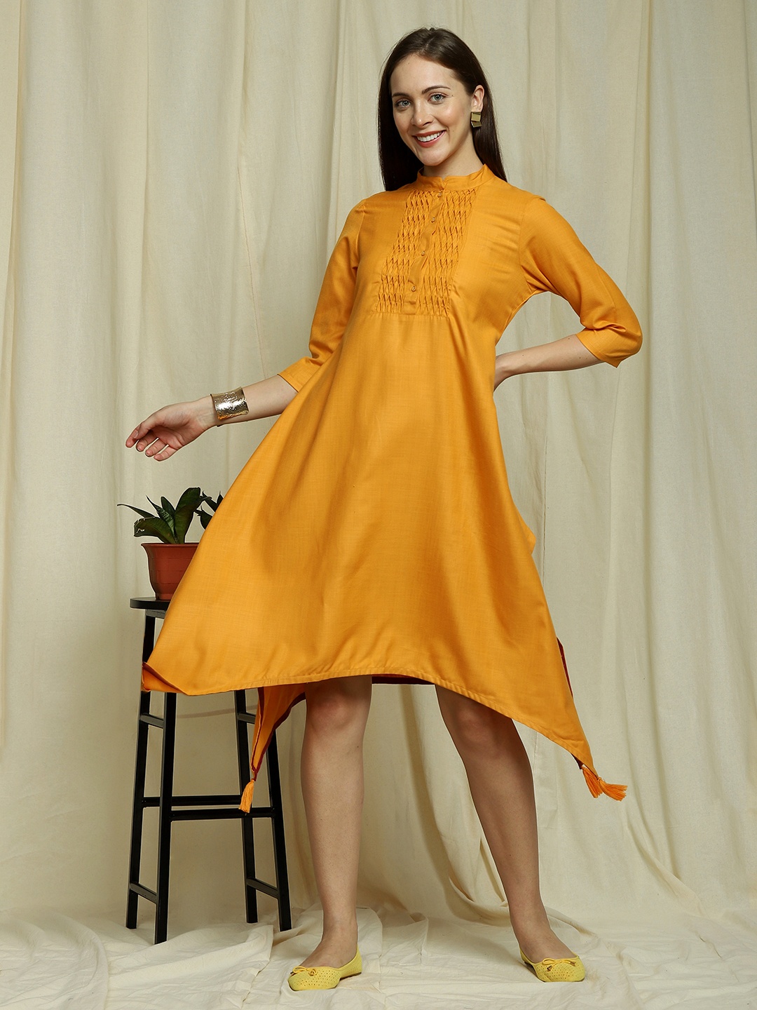 

Indifusion Women Yellow Solid Dress with Asymmetric Hem