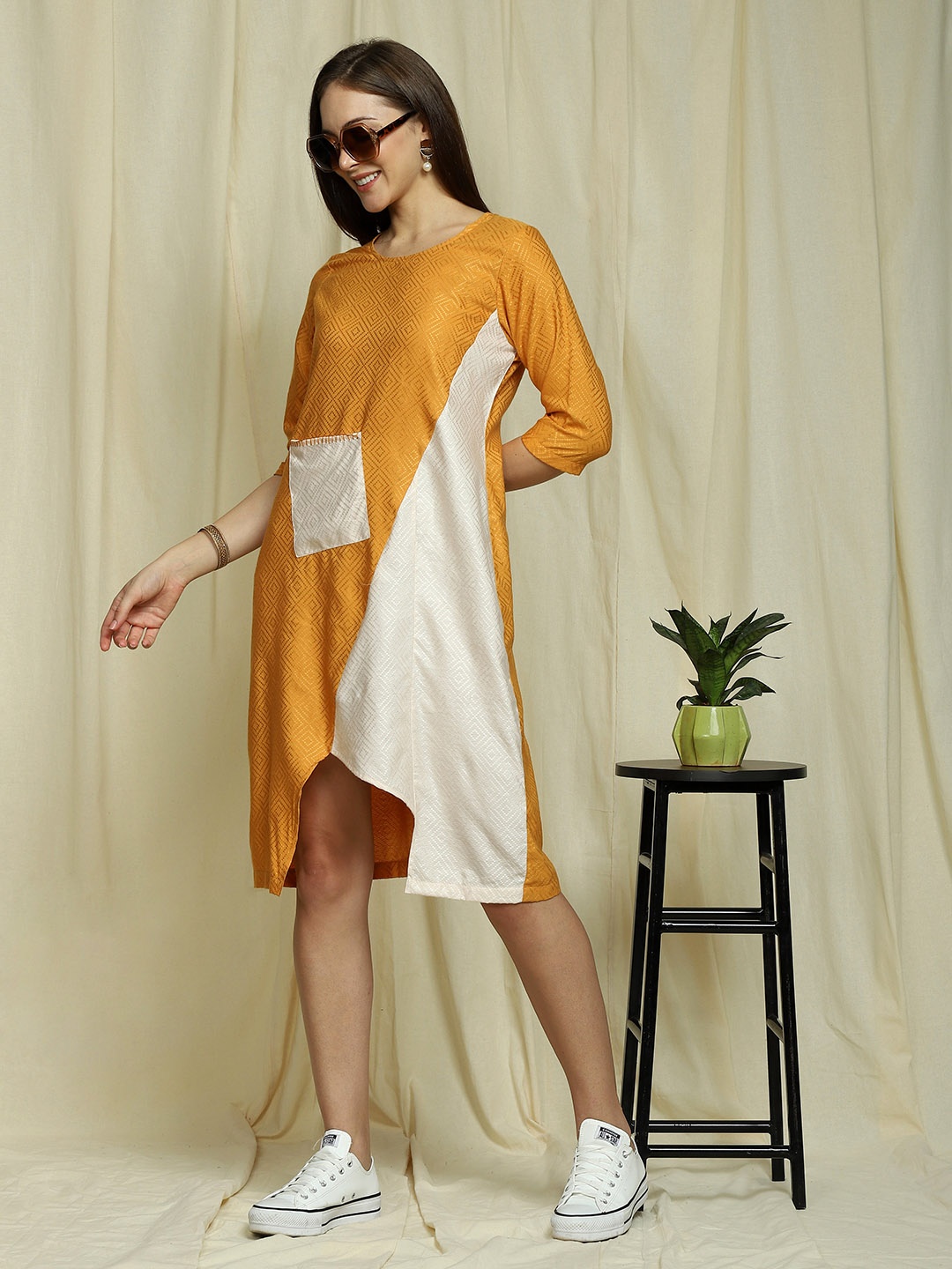 

Indifusion Women Colourblocked Self-Design Dress, Yellow