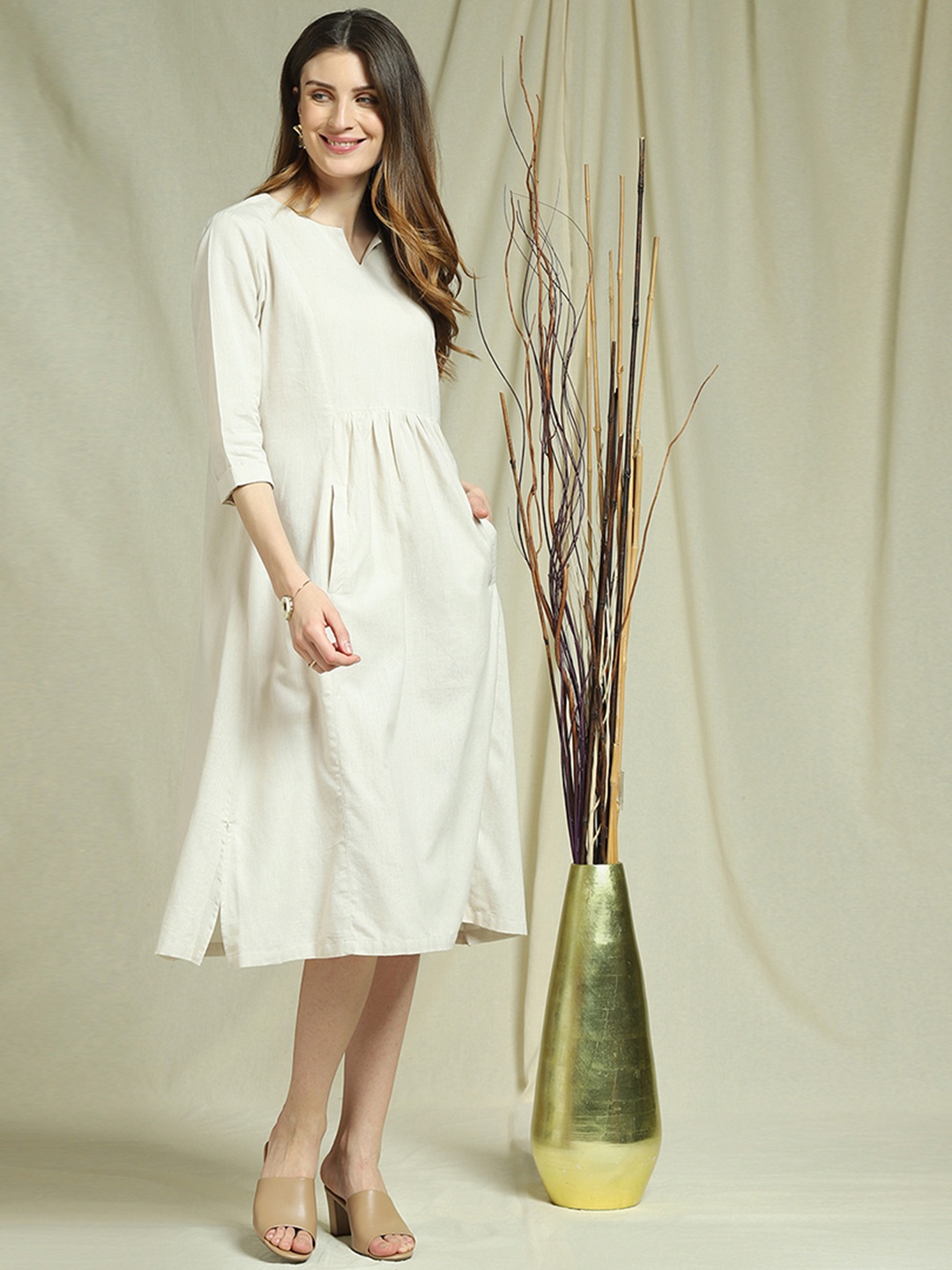 

Indifusion Women Solid Cotton Dress, Beige