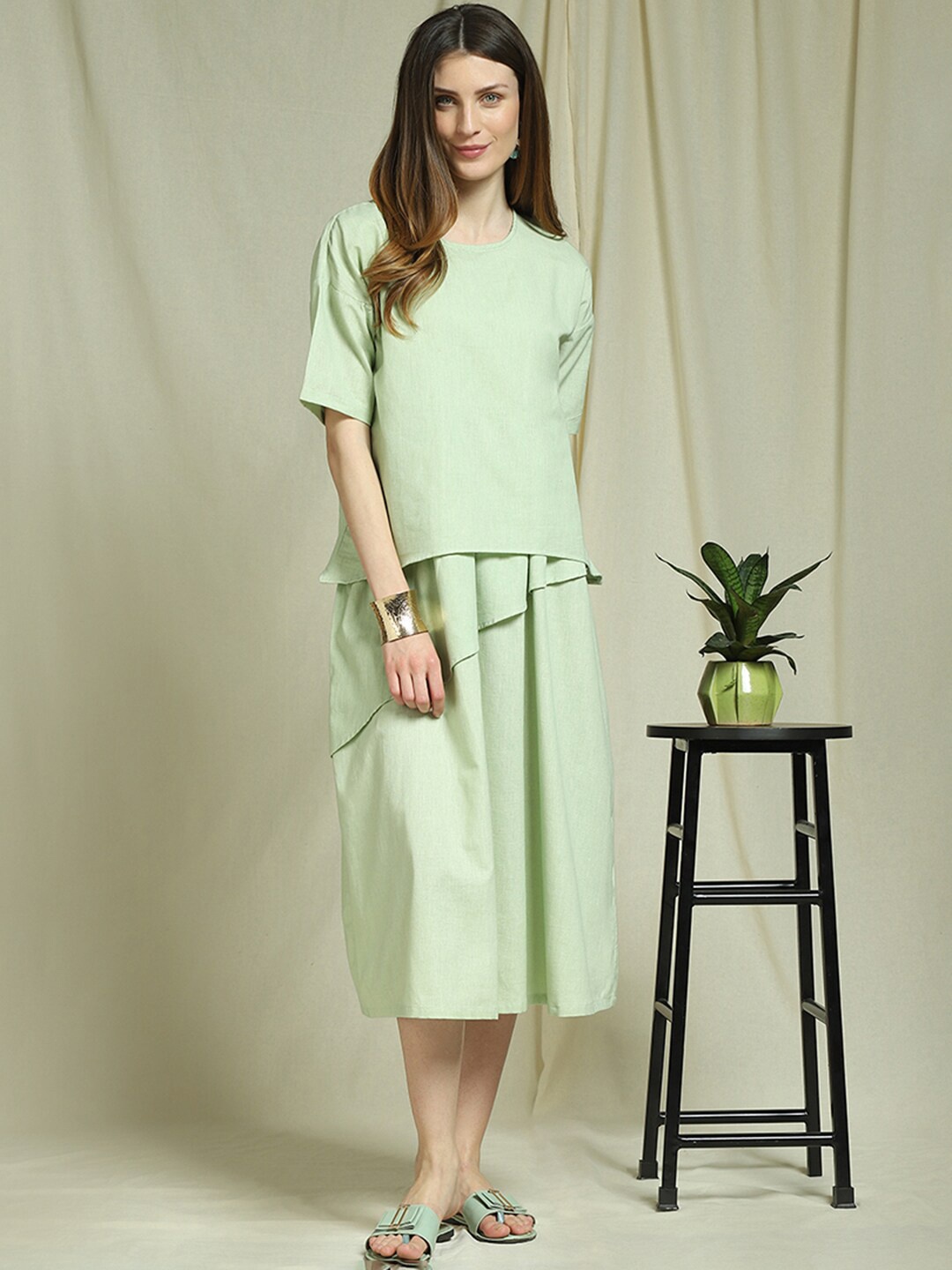 

Indifusion Solid Layered A-Line Midi Dress, Green
