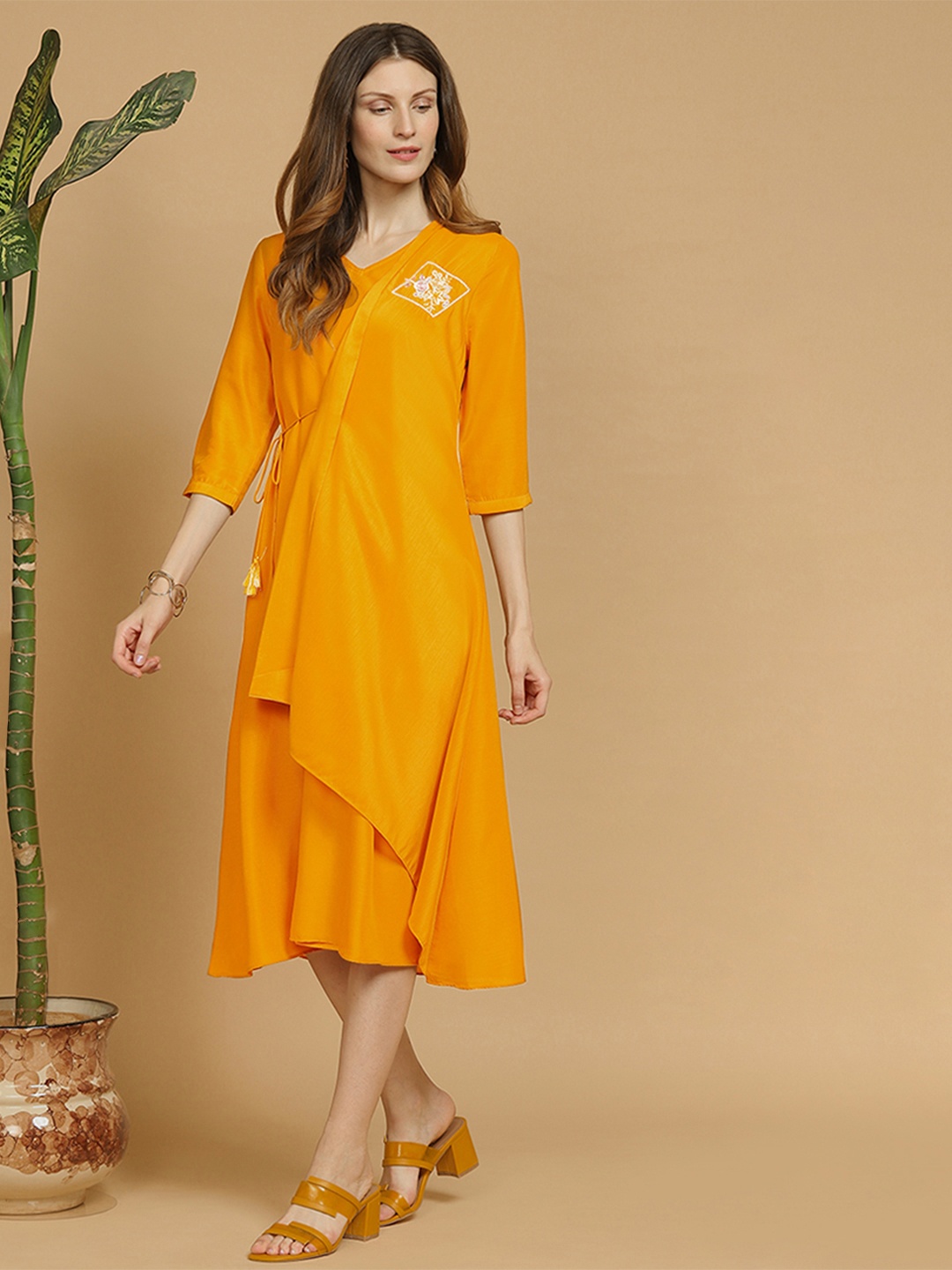 

Indifusion Women Embroidered Layered Wrap Dress, Yellow