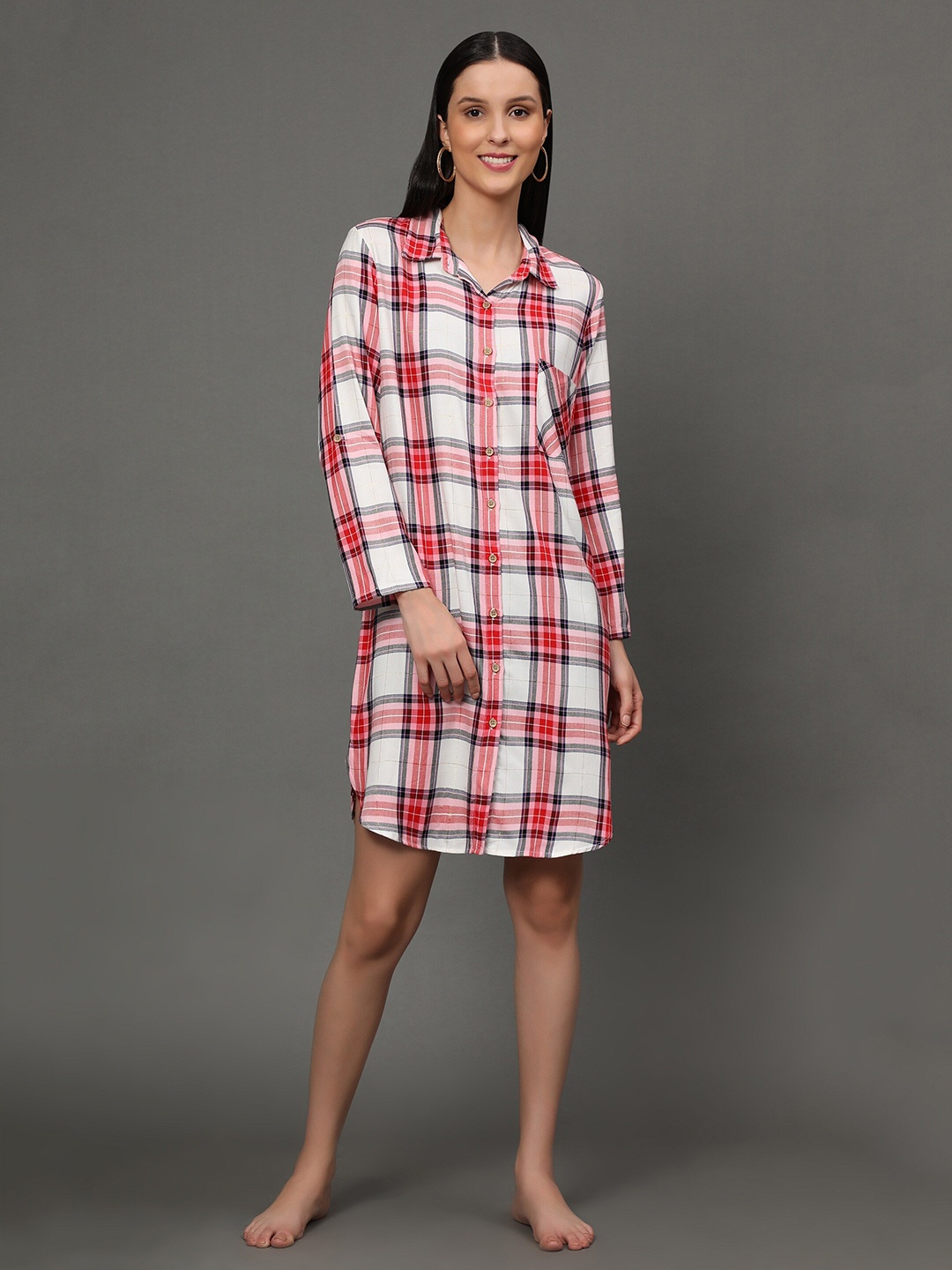 

BStories Women Red & Off White Checked Cotton Nightdress-LNSHT-001-22062-Red