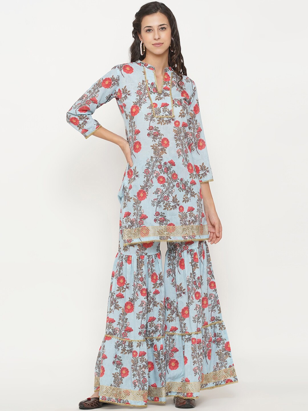 

FABNEST Women Blue Floral Printed Gotta Patti Pure Cotton Kurti with Palazzos