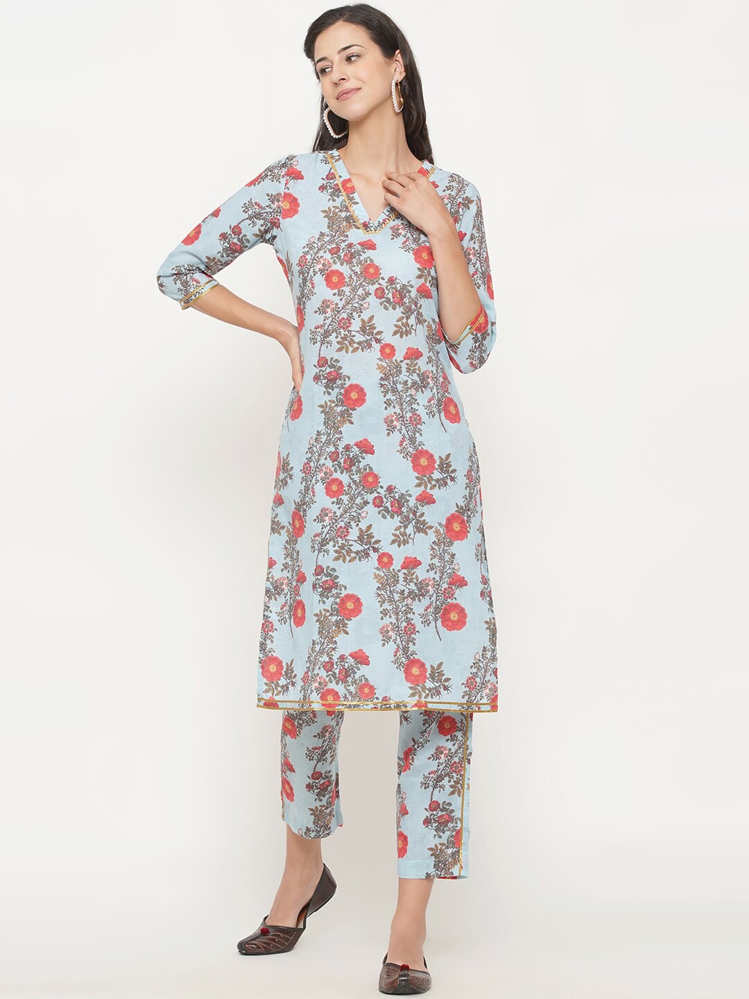 

FABNEST Women Blue Floral Printed Gotta Patti Pure Cotton Kurta with Trousers