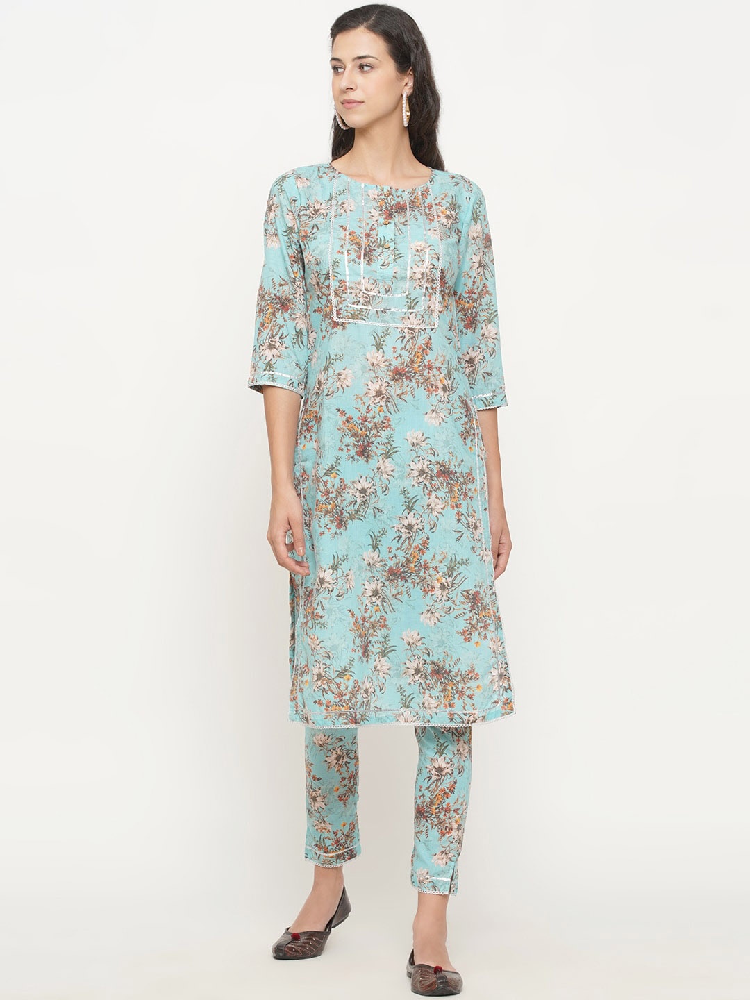 

FABNEST Women Turquoise Blue Floral Printed Pure Cotton Kurta & Trouser