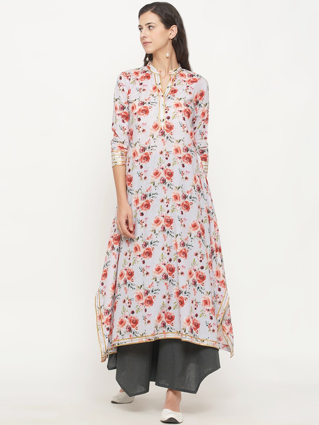 

FABNEST Women Peach-Coloured Floral Printed Pure Cotton Kurta with Skirt