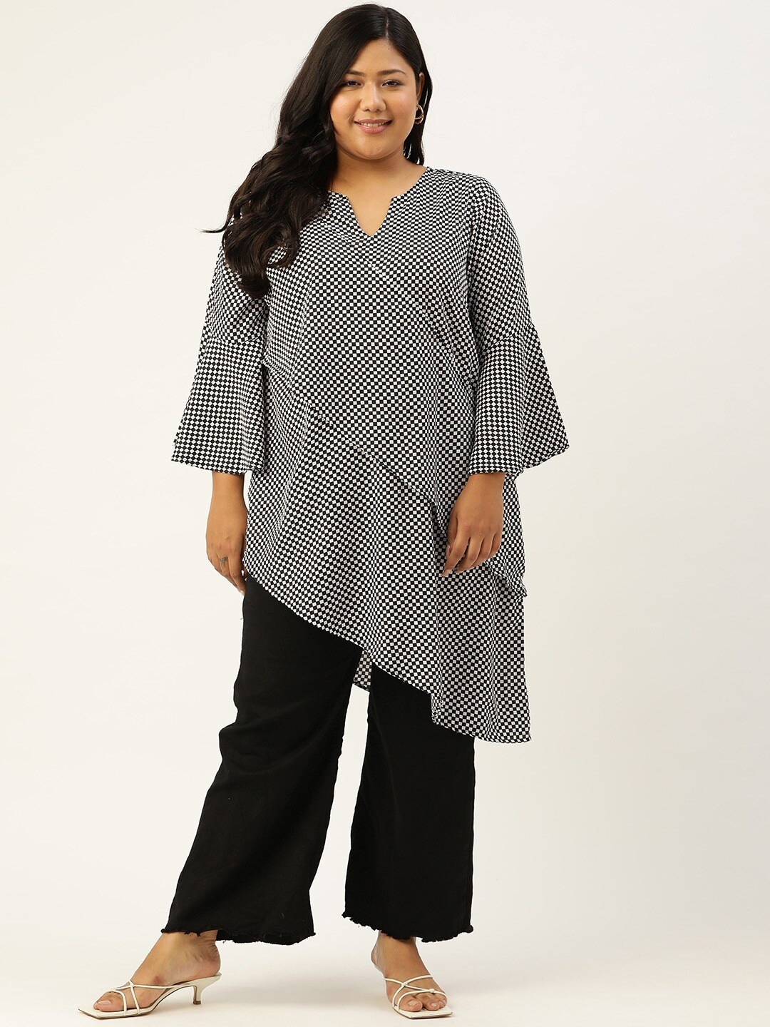 

theRebelinme Women Plus Size Black & White Checked Layered Crepe Longline Top