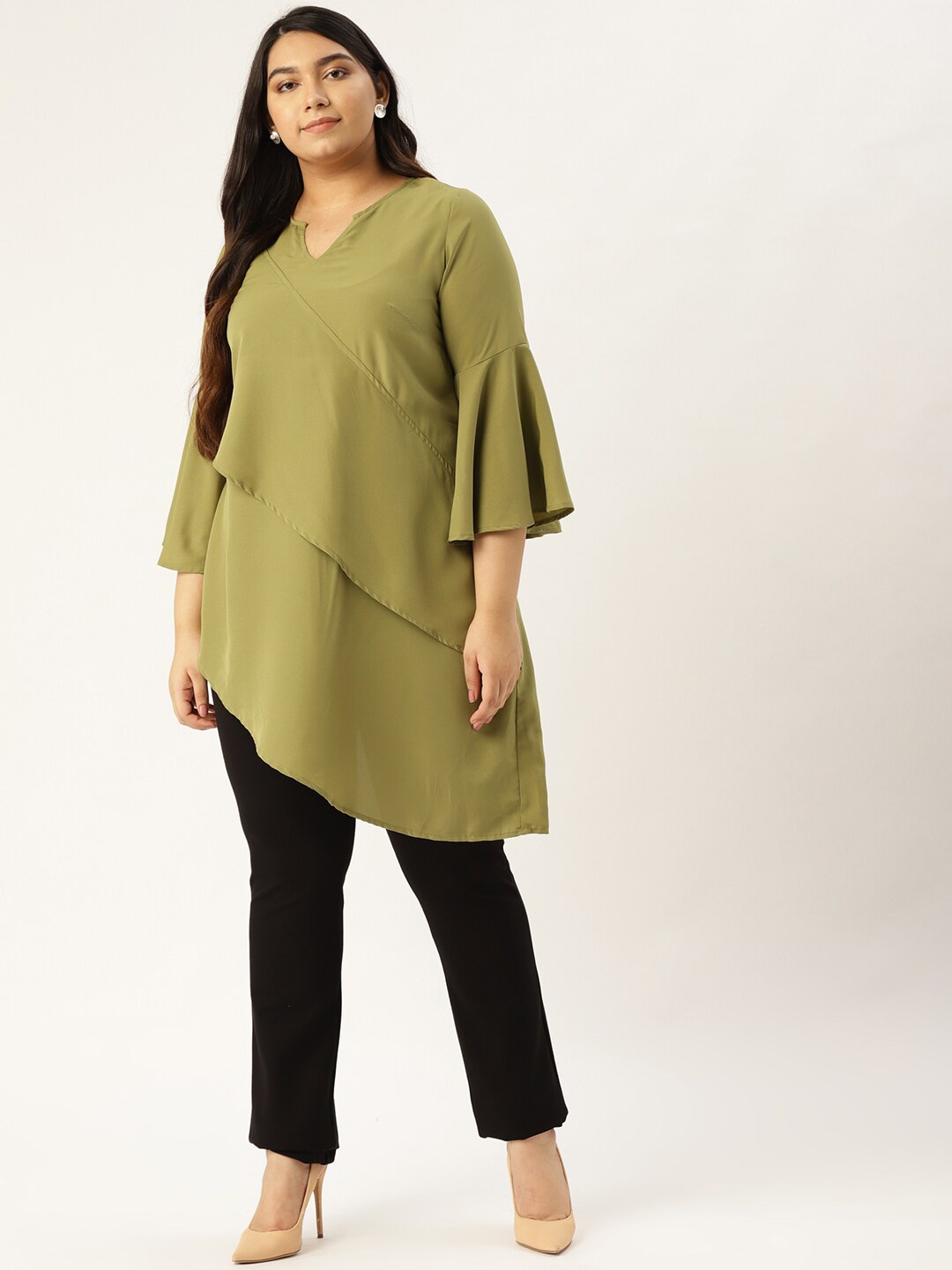 

theRebelinme Plus Size Women Olive Green Layered Crepe Longline Top