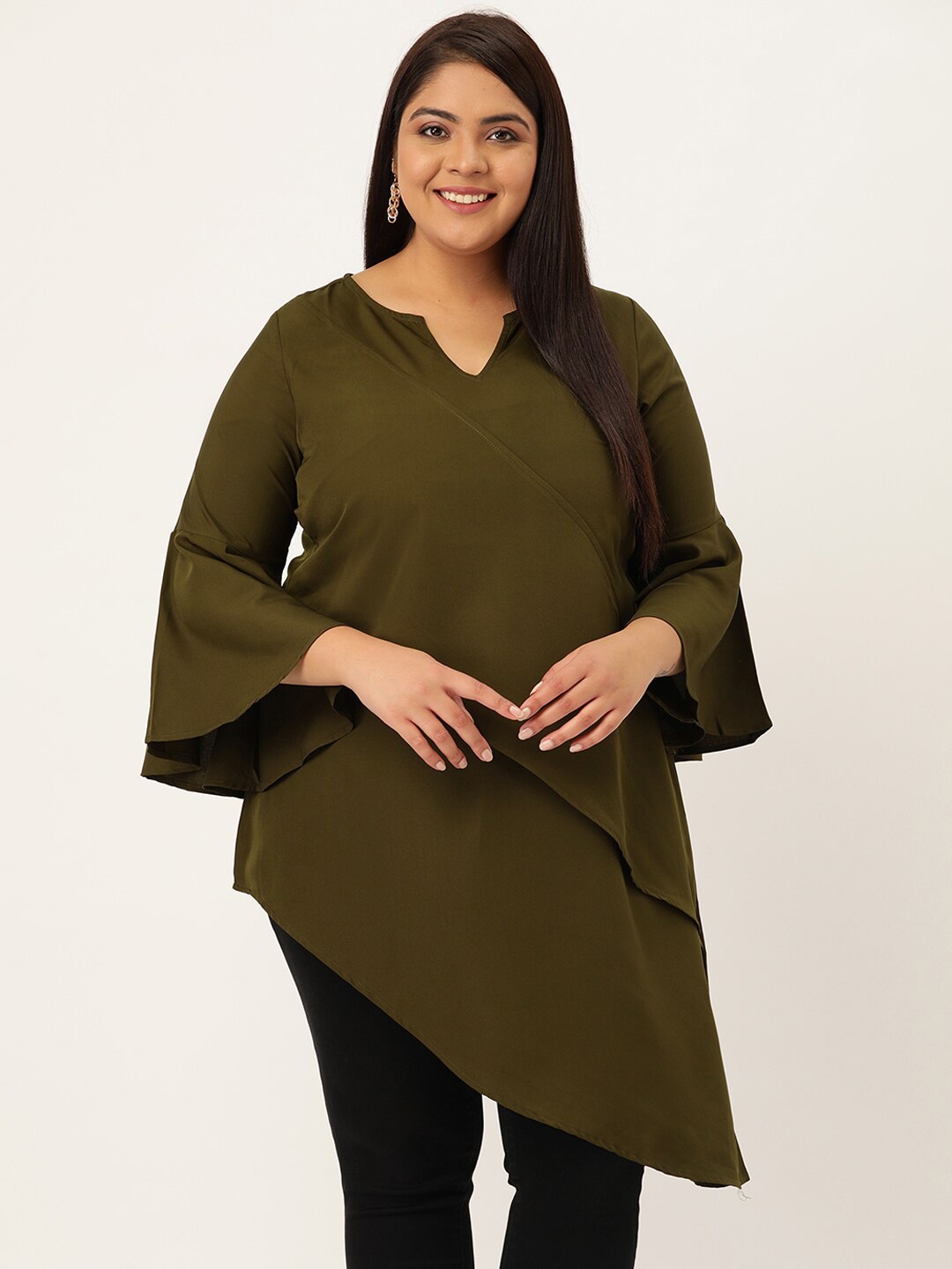 

theRebelinme Olive Green Layered Crepe High-Low Longline Top