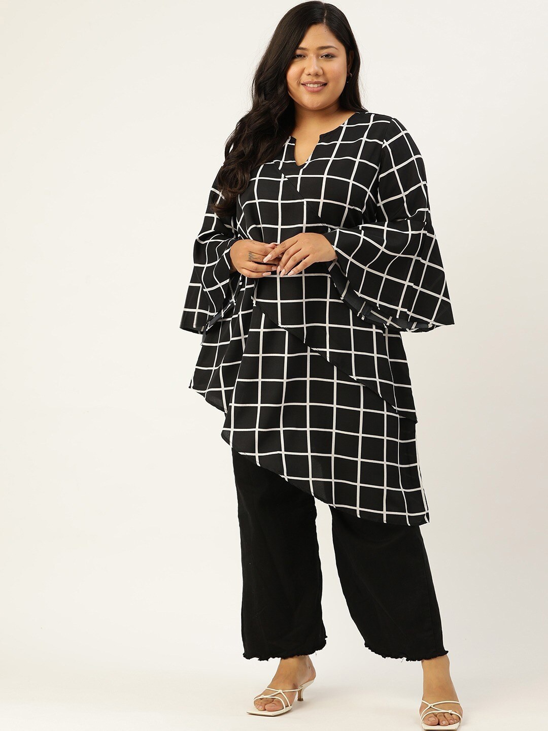 

theRebelinme Plus Size Women Black Checked Crepe Longline Top