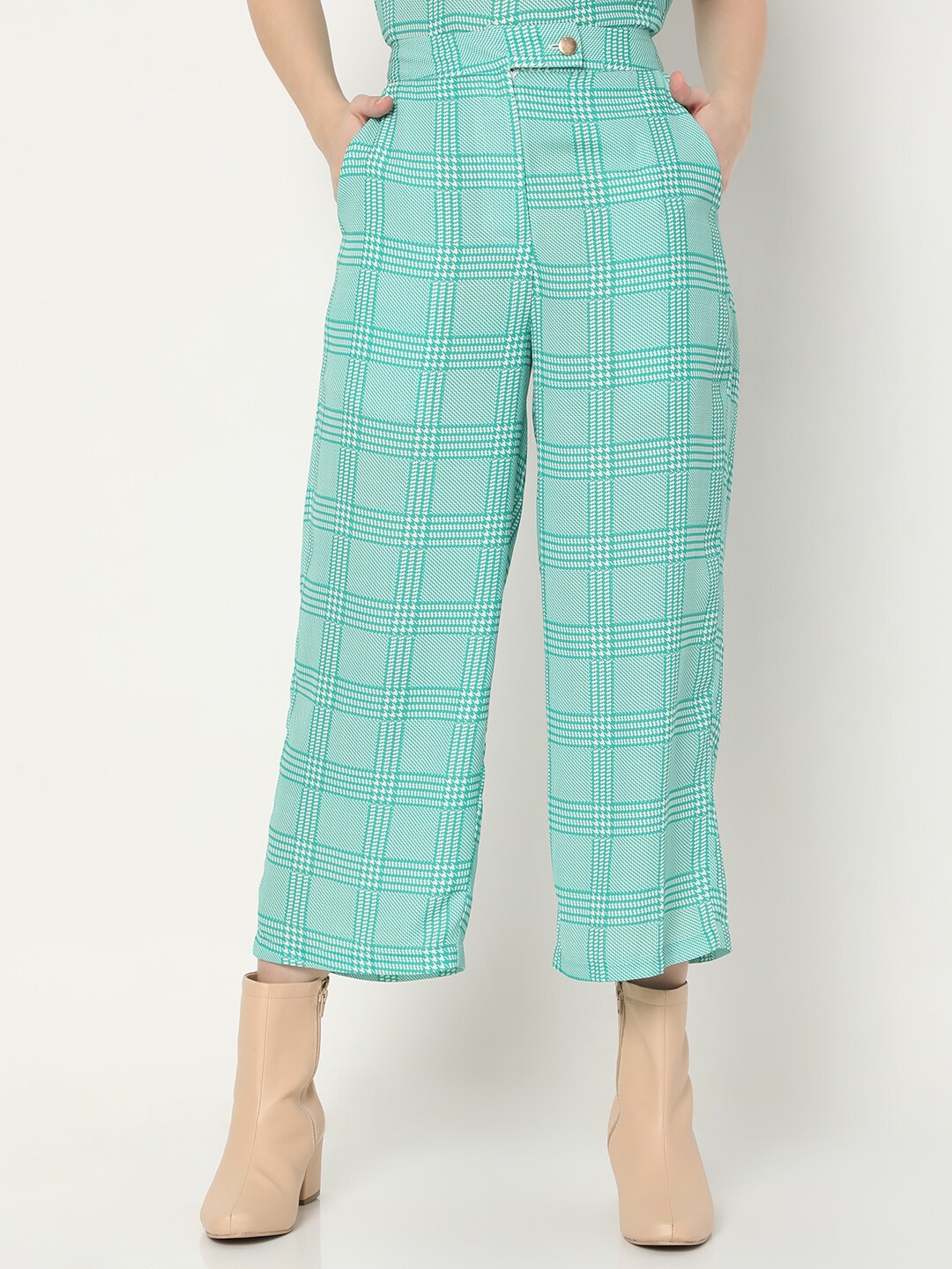 

Vero Moda Women Green Checked High-Rise Trousers