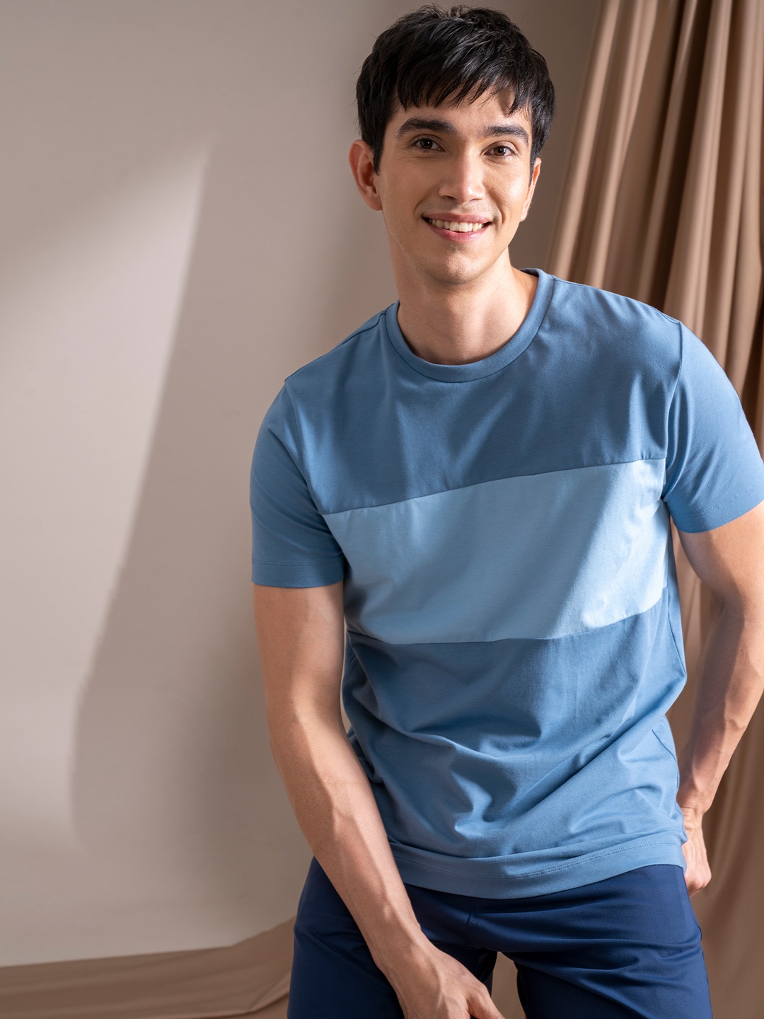 

DAMENSCH Men Premium Cotton Colourblocked Monochrome Regular Fit T-Shirt, Blue