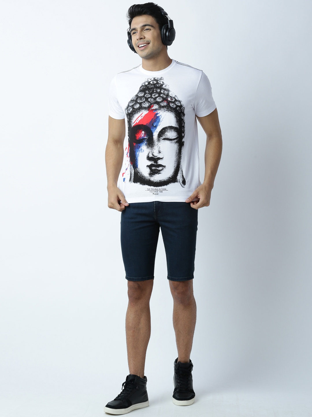 

Huetrap Men White Buddha Print Round Neck T-shirt