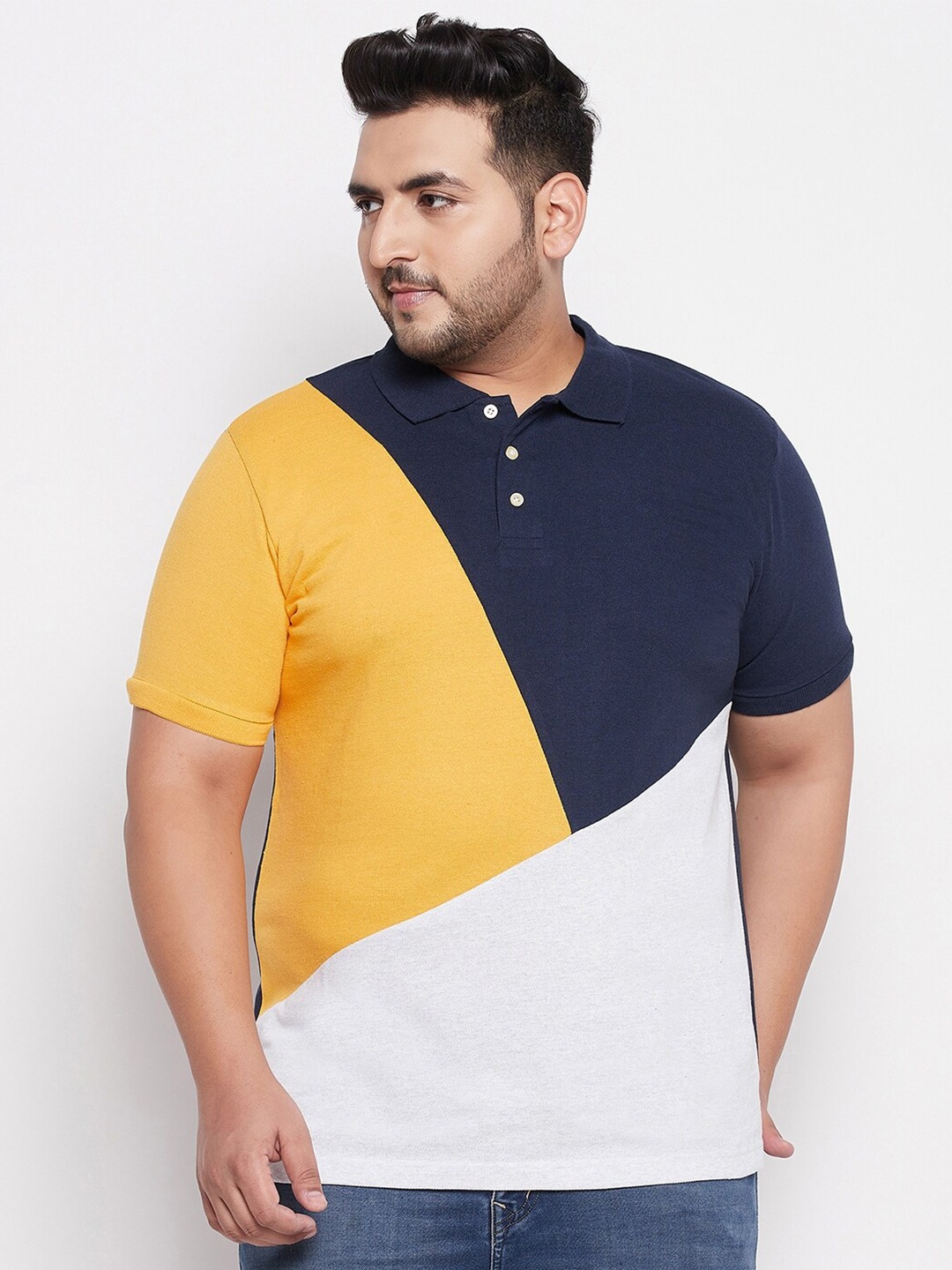 

bigbanana Men Plus Size Multicoloured Colourblocked Polo Collar Applique T-shirt, Multi