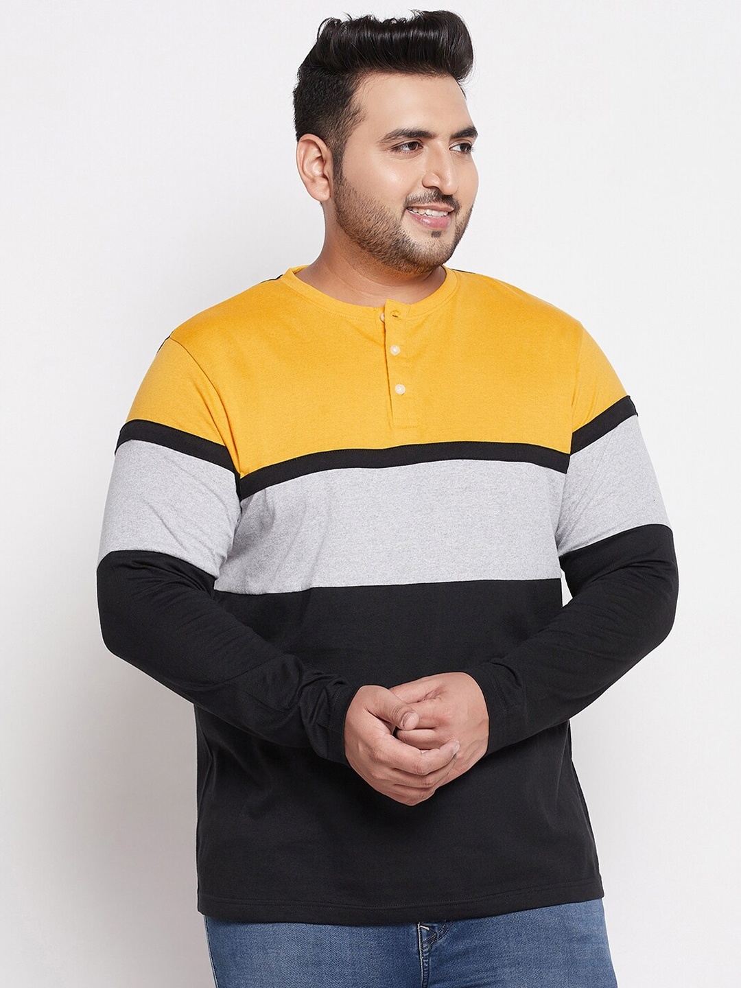 

Bigbanana Men Plus Size Yellow & Grey Colourblocked Henley Neck Cotton T-shirt