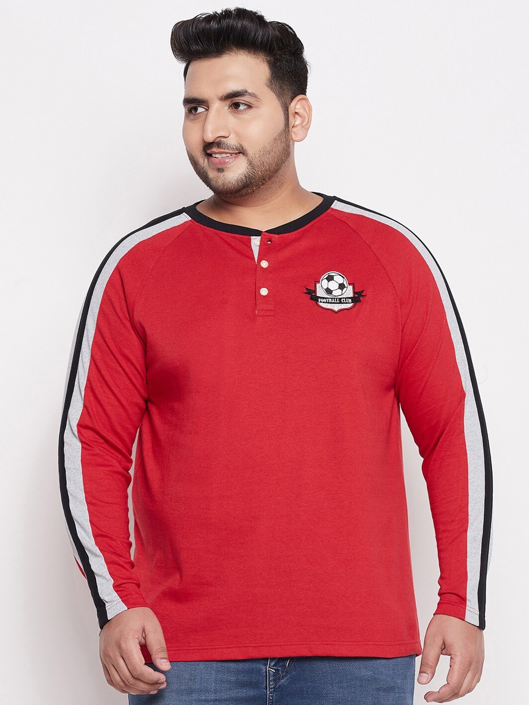 

bigbanana Men Plus Size Red Henley Neck Bio Finish Applique T-shirt