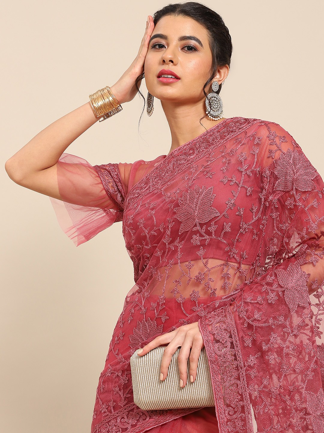 

all about you Pink Floral Embroidered Net Saree